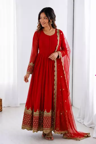 Red georgette embroidered with sequin anarkali suit