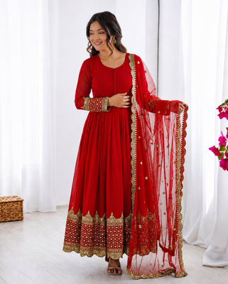 Red georgette embroidered with sequin anarkali suit 3