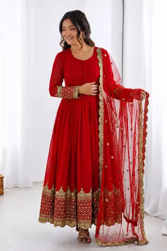 Red georgette embroidered with sequin anarkali suit