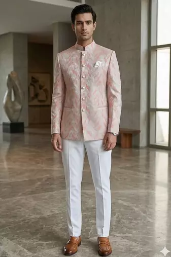 Baby pink self weaving jodhpuri for men | premium designer bandhgala ethnic wear
