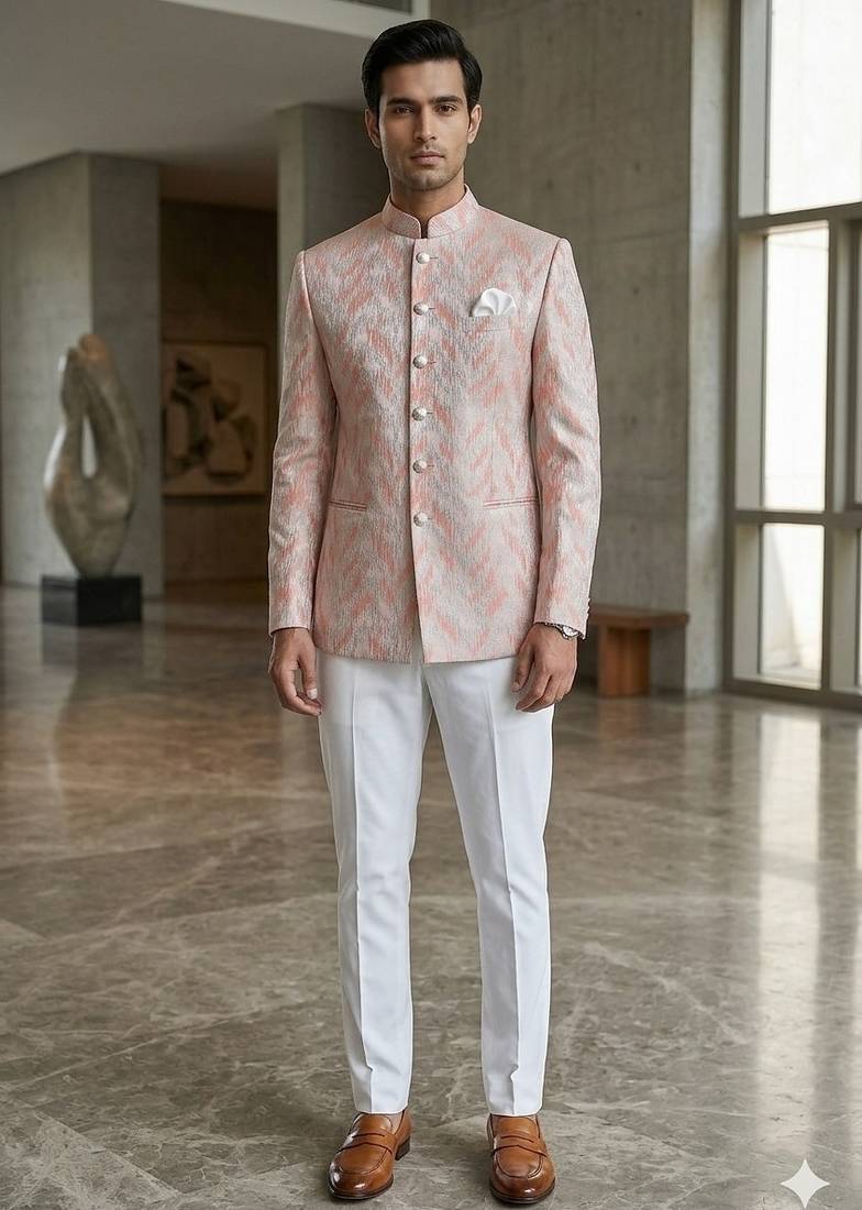 Baby pink self weaving jodhpuri for men | premium designer bandhgala ethnic wear