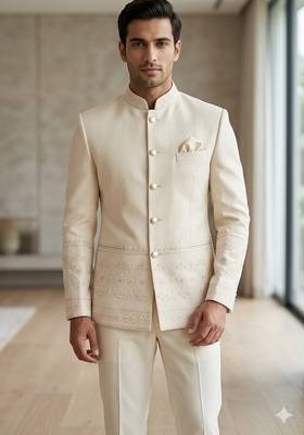 Cream daman weaving jodhpuri for men | premium designer bandhgala ethnic wear 1