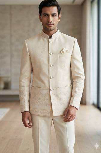 Cream daman weaving jodhpuri for men | premium designer bandhgala ethnic wear