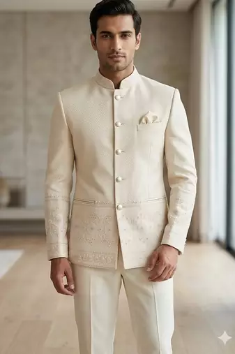 Cream daman weaving jodhpuri for men | premium designer bandhgala ethnic wear