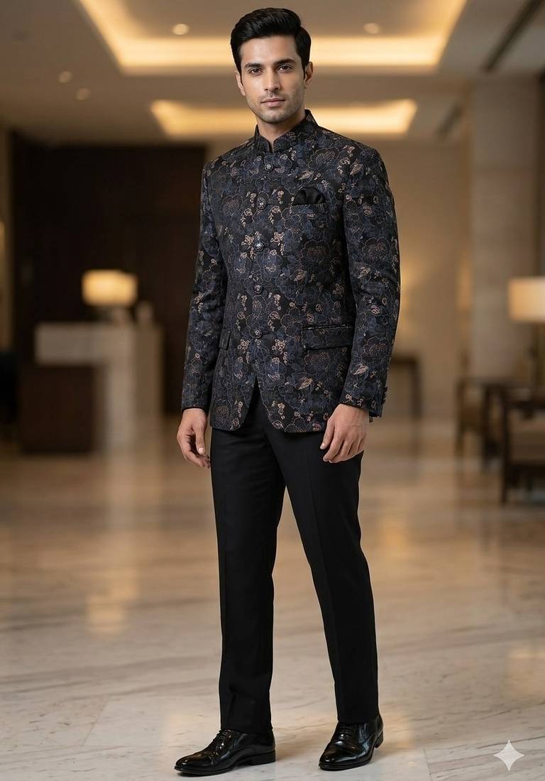 Floral midnight black jodhpuri for men | premium designer bandhgala ethnic wear