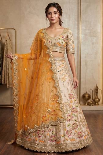 Light Ivory Beige French Crepe Silk Sequin Work Lehenga With Foil Mirror Work For Women's