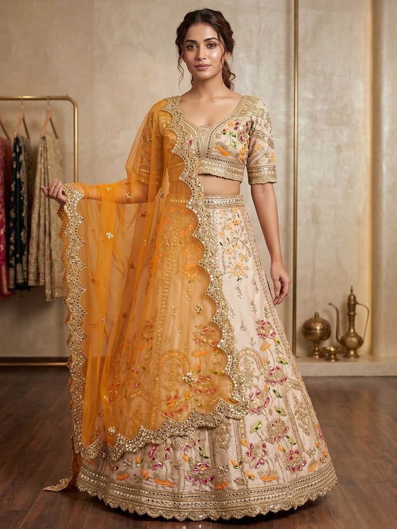 Light Ivory Beige French Crepe Silk Sequin Work Lehenga With Foil Mirror Work For Women's
