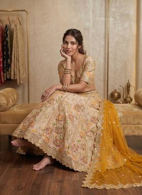 Light Ivory Beige French Crepe Silk Sequin Work Lehenga With Foil Mirror Work For Women's 2