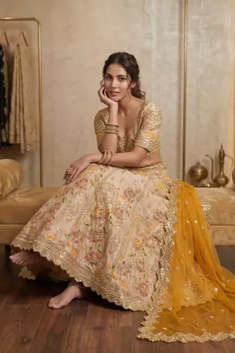 Light Ivory Beige French Crepe Silk Sequin Work Lehenga With Foil Mirror Work For Women's