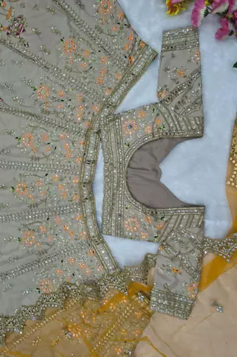 Light Ivory Beige French Crepe Silk Sequin Work Lehenga With Foil Mirror Work For Women's