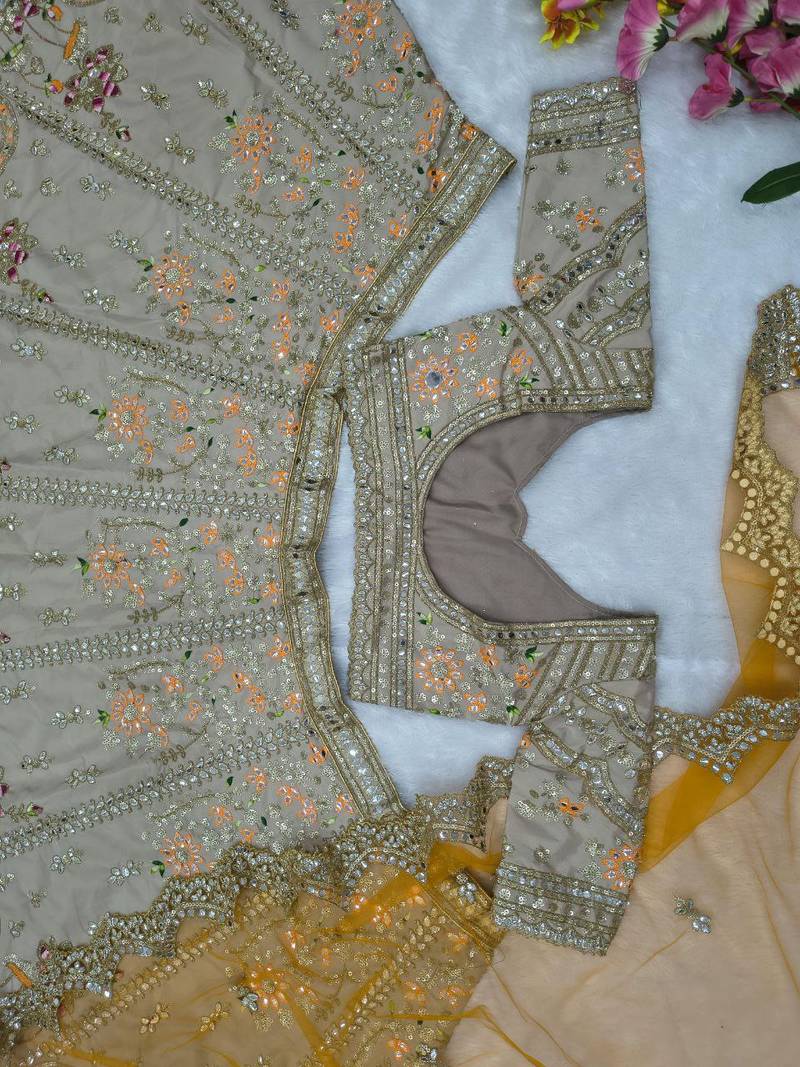 Light Ivory Beige French Crepe Silk Sequin Work Lehenga With Foil Mirror Work For Women's