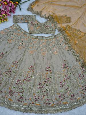 Light Ivory Beige French Crepe Silk Sequin Work Lehenga With Foil Mirror Work For Women's 4