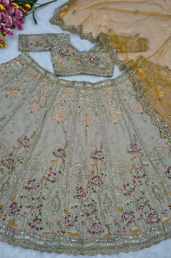 Light Ivory Beige French Crepe Silk Sequin Work Lehenga With Foil Mirror Work For Women's