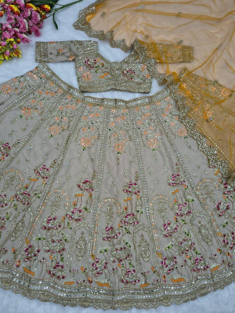 Light Ivory Beige French Crepe Silk Sequin Work Lehenga With Foil Mirror Work For Women's