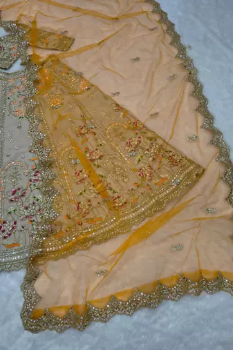 Light Ivory Beige French Crepe Silk Sequin Work Lehenga With Foil Mirror Work For Women's