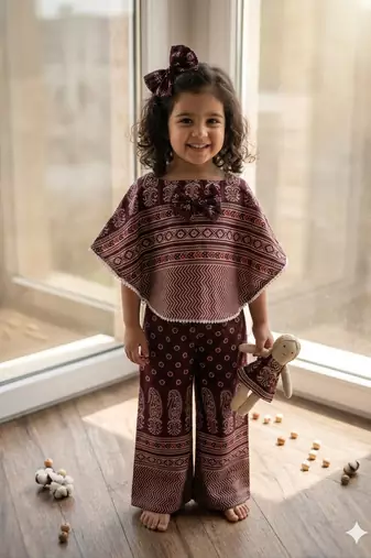 Wine ajrakh bloom cotton kaftan palazzo set for girls kids with bow gift