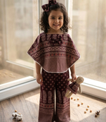 Wine ajrakh bloom cotton kaftan palazzo set for girls kids with bow gift