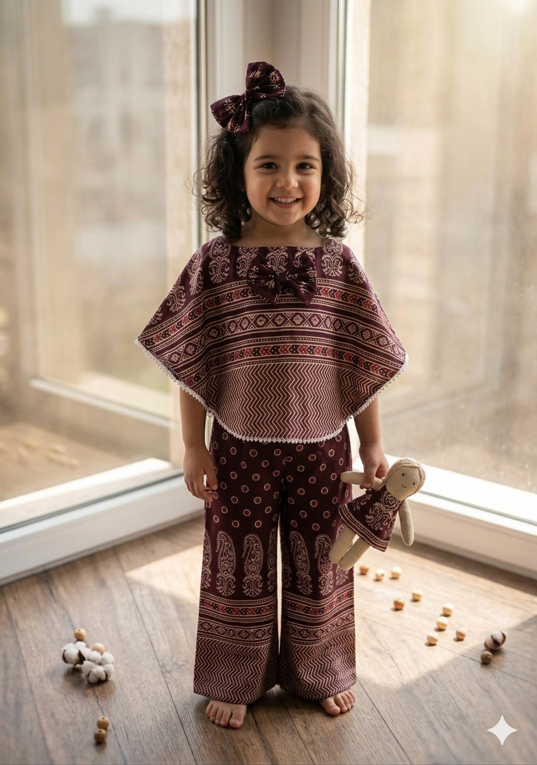 Wine ajrakh bloom cotton kaftan palazzo set for girls kids with bow gift
