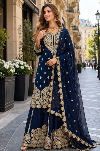 Navy georgette free size suit with embroidery & diamond work