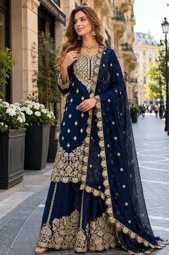 Navy georgette free size suit with embroidery & diamond work