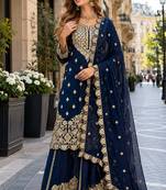 Navy georgette free size suit with embroidery & diamond work