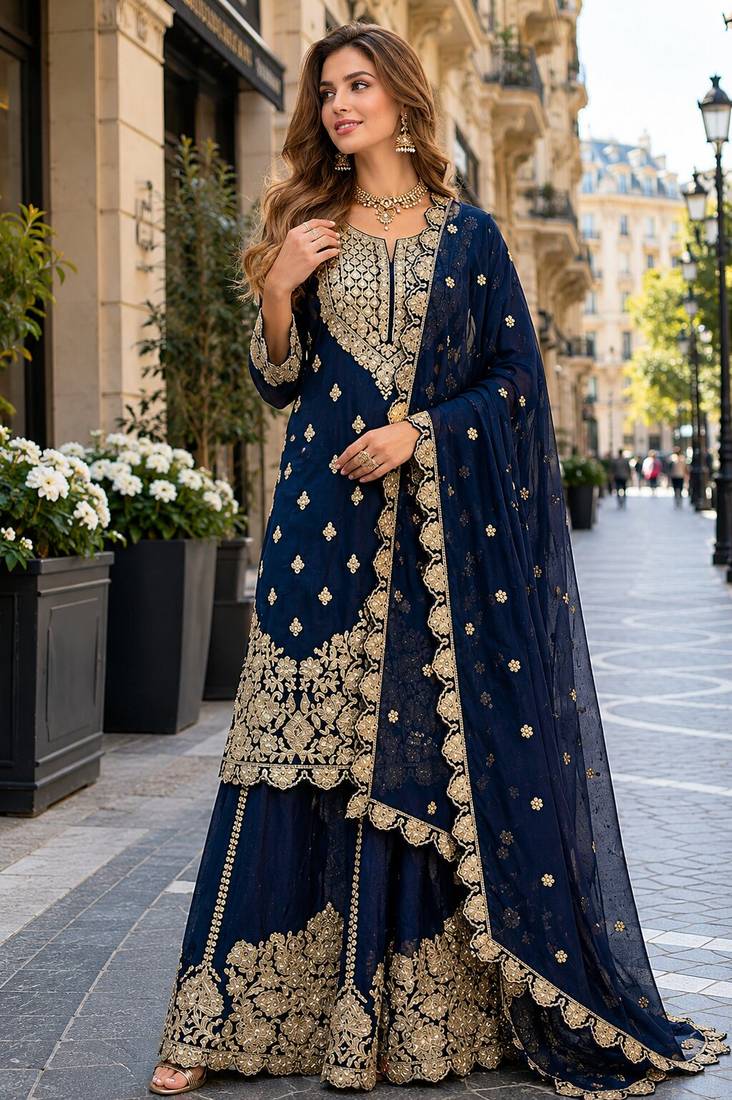 Navy georgette free size suit with embroidery & diamond work