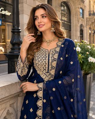 Navy georgette free size suit with embroidery & diamond work 2