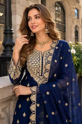 Navy georgette free size suit with embroidery & diamond work