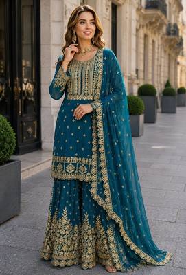 Teal blue georgette free size suit with embroidery & diamond work 1