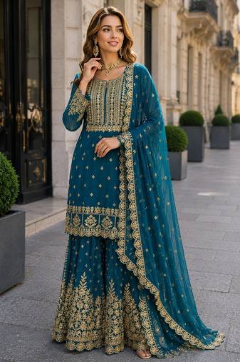 Teal blue georgette free size suit with embroidery & diamond work