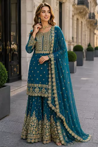 Teal blue georgette free size suit with embroidery & diamond work