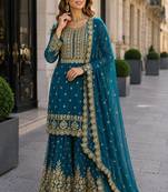 Teal blue georgette free size suit with embroidery & diamond work