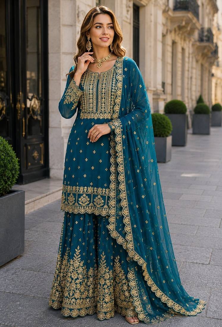 Teal blue georgette free size suit with embroidery & diamond work