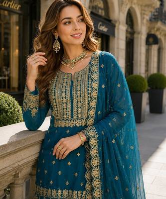 Teal blue georgette free size suit with embroidery & diamond work 2