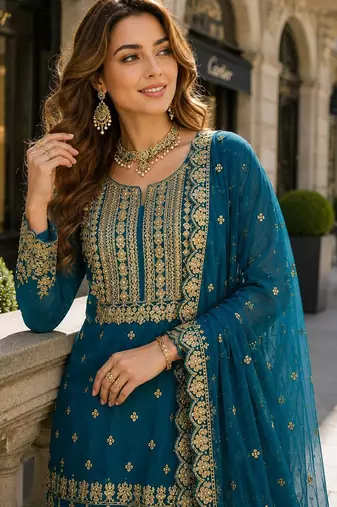 Teal blue georgette free size suit with embroidery & diamond work