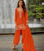 Orange chinon free size stitched suit with embroidery & beats work