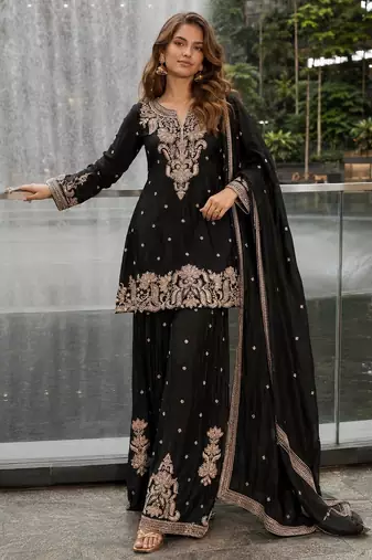 Black chinon free size stitched suit with embroidery & beats work