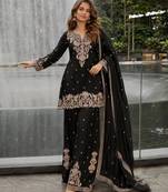 Black chinon free size stitched suit with embroidery & beats work
