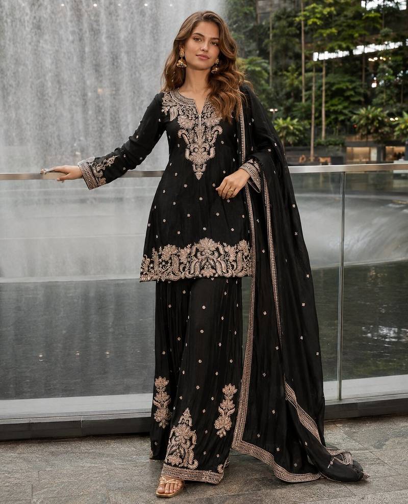 Black chinon free size stitched suit with embroidery & beats work