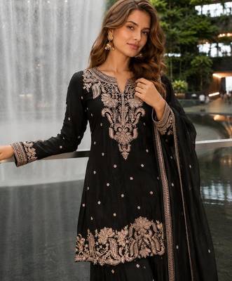 Black chinon free size stitched suit with embroidery & beats work 2