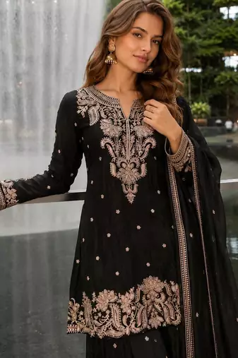 Black chinon free size stitched suit with embroidery & beats work