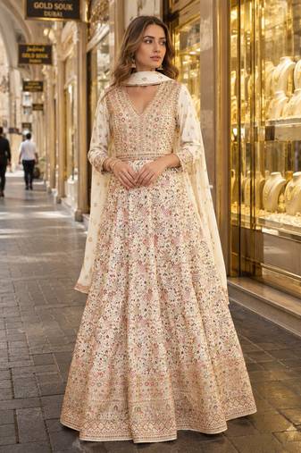 Beige anarkali free size stitched suit with embroidery codding & sequence work