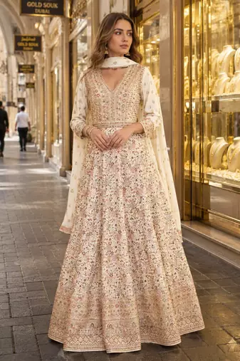 Beige anarkali free size stitched suit with embroidery codding & sequence work
