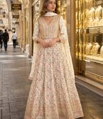 Beige anarkali free size stitched suit with embroidery codding & sequence work