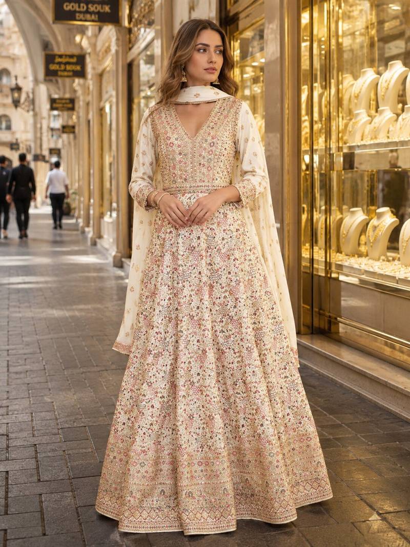 Beige anarkali free size stitched suit with embroidery codding & sequence work