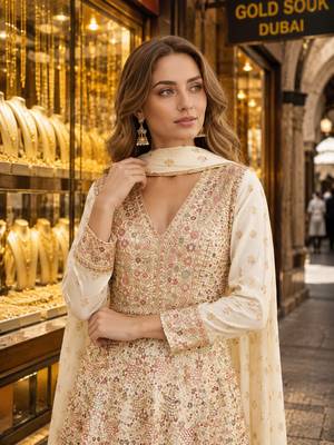 Beige anarkali free size stitched suit with embroidery codding & sequin work 2
