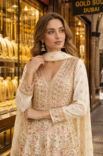 Beige anarkali free size stitched suit with embroidery codding & sequence work