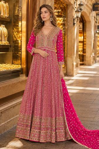 Magenta anarkali free size stitched suit with embroidery codding & sequence work