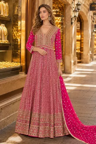Magenta anarkali free size stitched suit with embroidery codding & sequence work