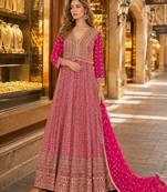 Magenta anarkali free size stitched suit with embroidery codding & sequence work